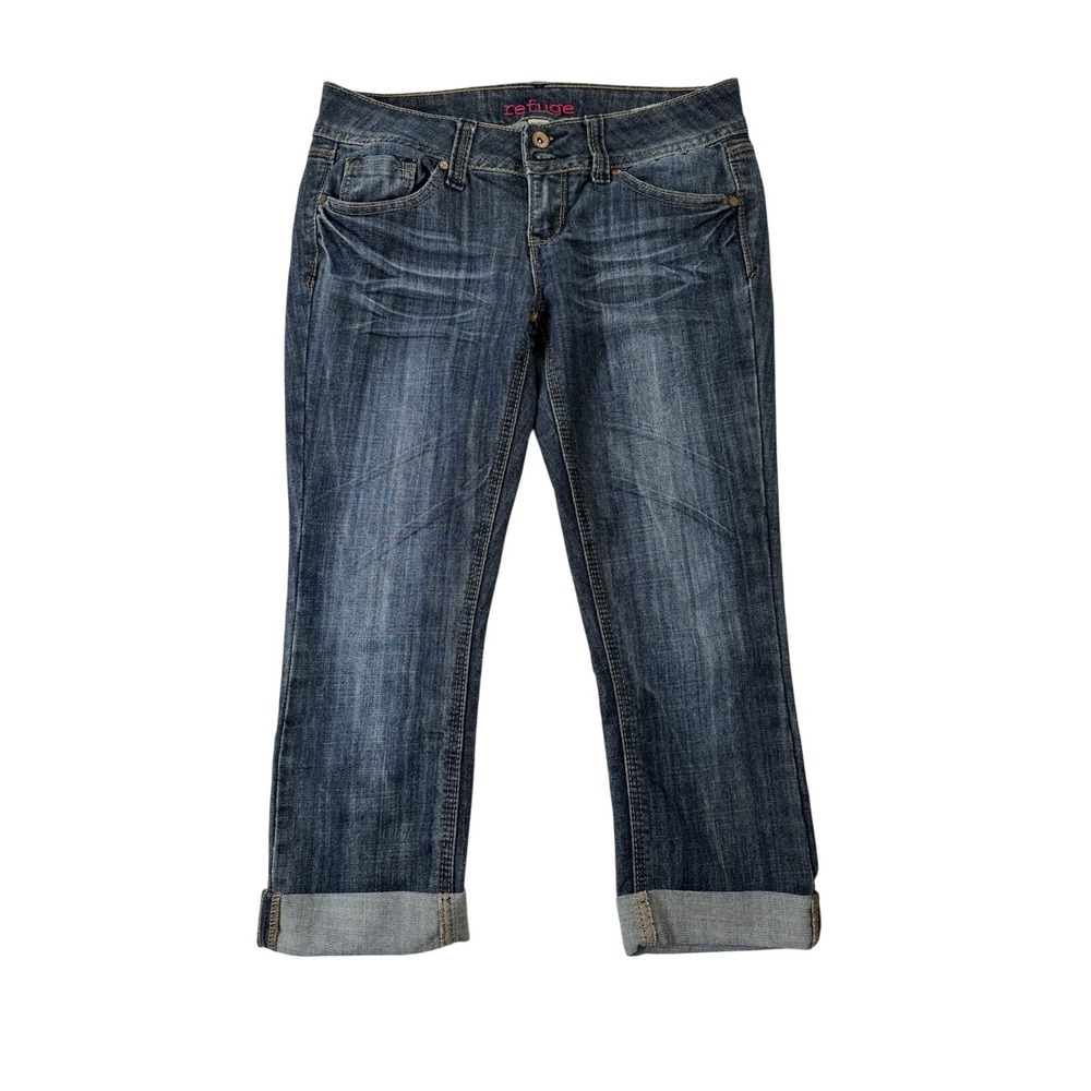 Refuge Dark Wash Whiskered Cuffed Denim Capris Low Rise Jeans Size 4
